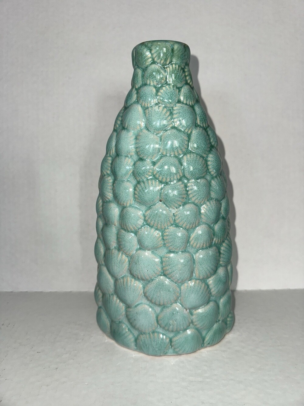 Vintage Turquoise Ceramic Seashell Vase 10” Textured Coastal Decor Unmarked